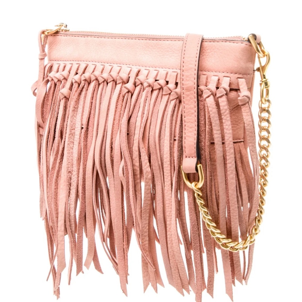 Rebecca Minkoff Suede Pink Fringe Crossbody Bag Gold Chain Boho South Western